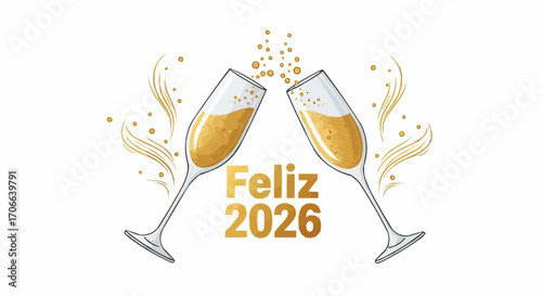 Happy new year 2026 happy new year 2026 celebration with champagne glasses toasting and golden details for festive season vector