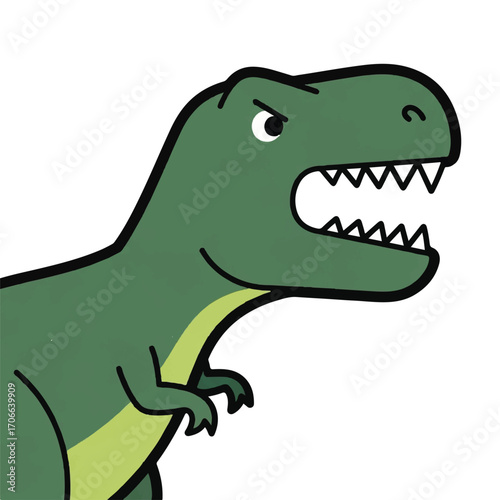 A green T-Rex in a vintage illustration style, depicted with an angry expression and sharp teeth on a plain white background.
