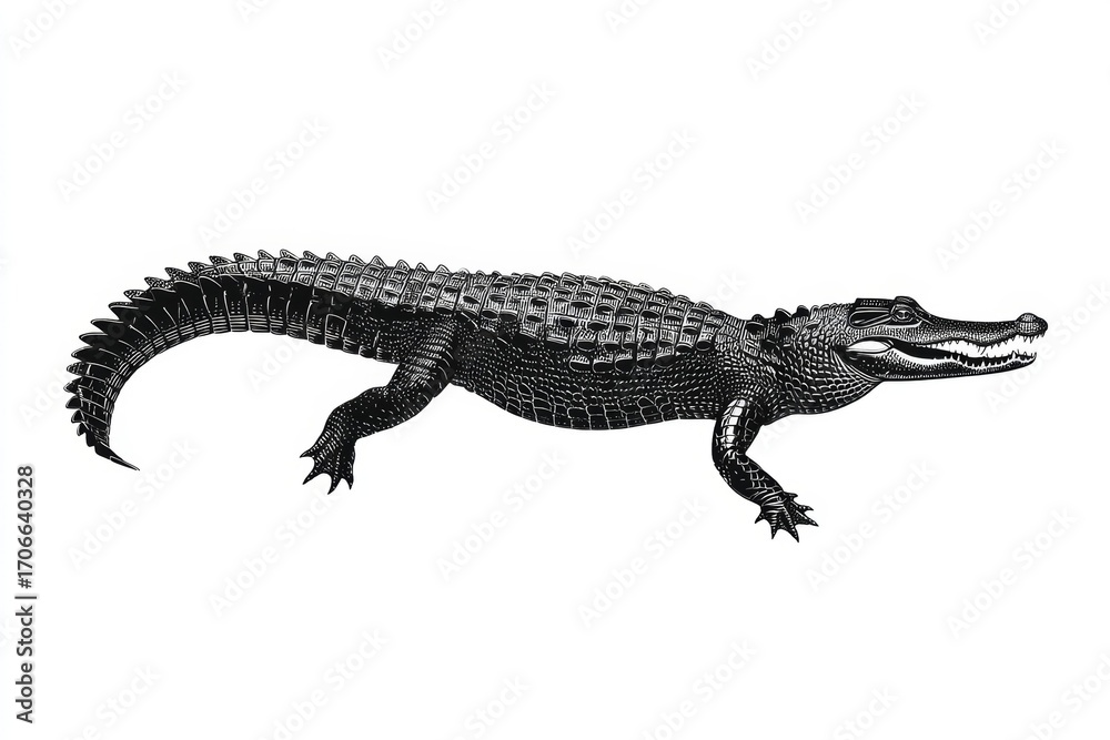Naklejka premium Detailed black and white alligator illustration with textured scales and claws