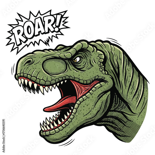 Vintage-style illustration of an angry T-Rex roaring with a comic book effect on a white background.