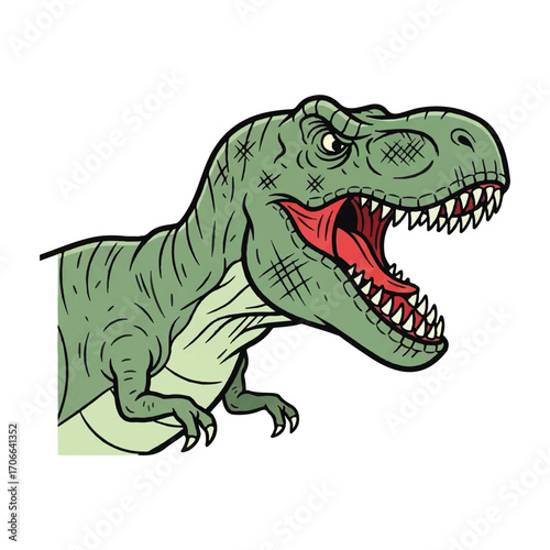 An angry green T-Rex in a vintage illustration style with an open mouth and sharp teeth on a white background.
