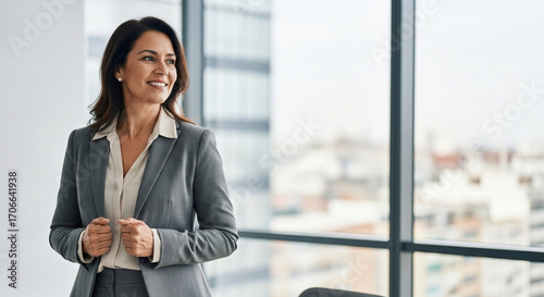 Successful hispanic senior business woman standing confident proudly smiling aside. European Latin 40s years mature good looking middle age leader female businesswoman in office. Banner, copy space.