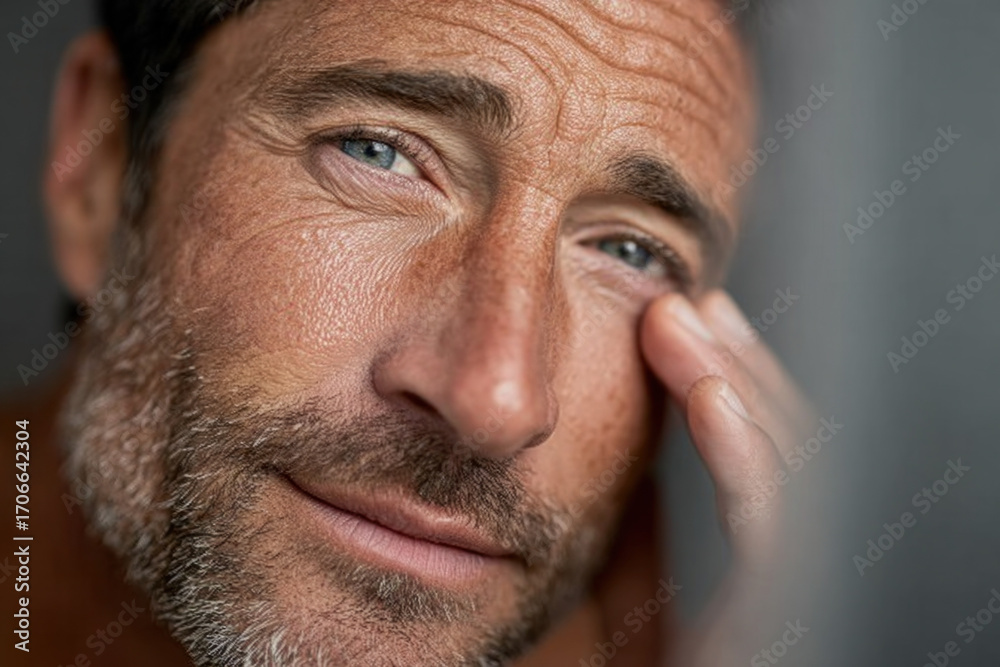Fototapeta premium Close-up portrait of a rugged man with stubble, touching his temple with a pensive gaze, revealing textured skin and a subtle, introspective mood.