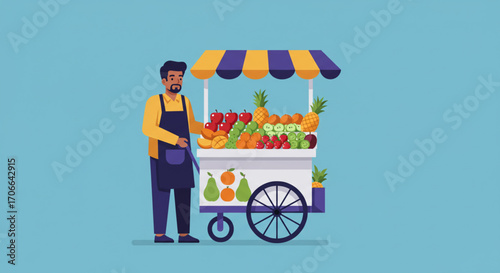 flat vector illustrations A Fruit vendor stands proudly beside his vibrant mobile cart, showcasing an array of fresh fruits. The cart is filled with various kinds of fruits with a variety of colours.