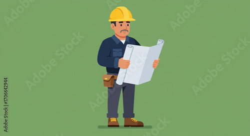 flat vector illustrations An architect in uniform is reviewing a blueprint with a focused look