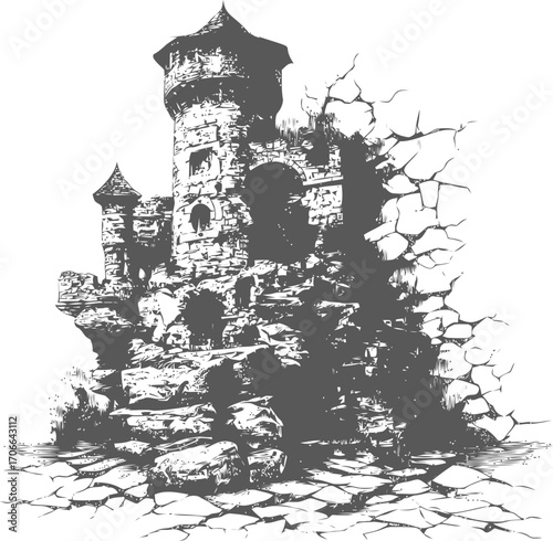Castle ruins sketch, hand drawn medieval fortress with crumbling stone walls — stock vector