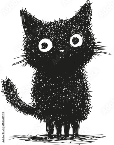 Black cat sketch hand drawn style with wide eyes and fluffy fur — stock vector