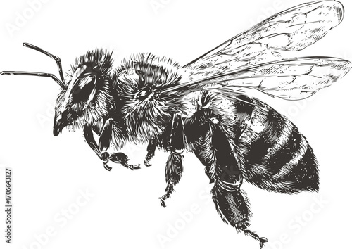 Bee sketch hand drawn detailed insect side view monochrome engraving — stock vector
