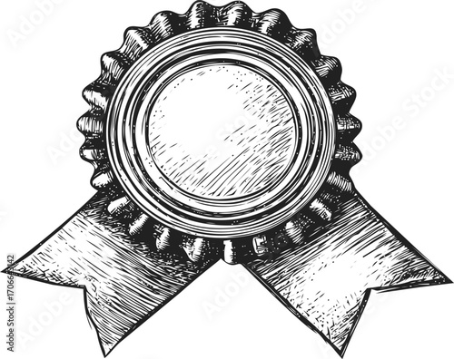 Award ribbon sketch hand drawn rosette with blank center and flowing tails — stock vector