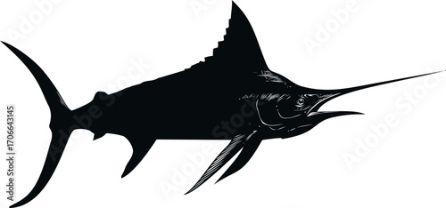 Swordfish sketch hand drawn black silhouette with long bill and sharp fins — stock vector