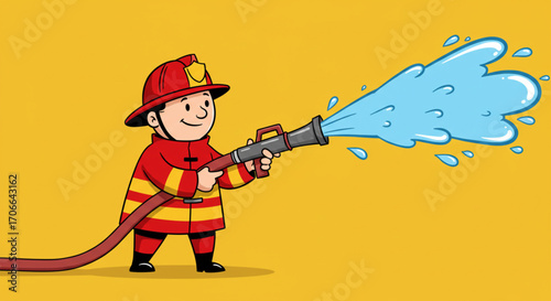 flat vector illustrations A friendly firefighter holding a water hose, spraying water with enthusiasm