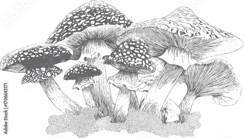 Mushrooms sketch hand drawn group with detailed caps and gills — stock vector