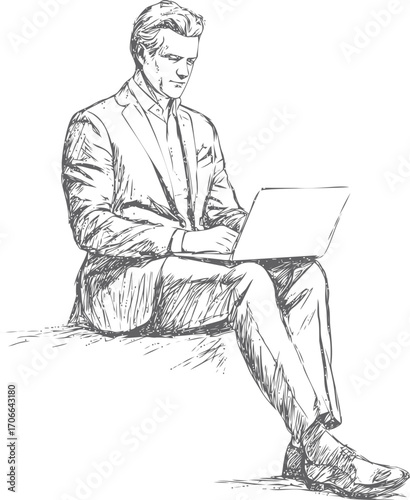 Businessman sketch hand drawn working on laptop sitting on bench — stock vector