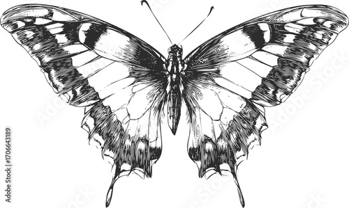 Butterfly sketch hand drawn detailed symmetrical wings black and white — stock vector