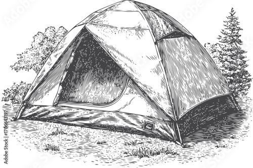 Camping tent sketch, hand drawn dome style with open door in forest clearing — stock vector