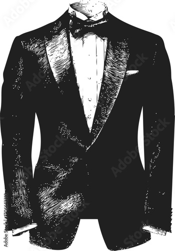 Tuxedo sketch hand drawn formal suit with bow tie and lapel details — stock vector