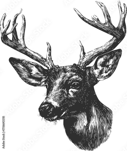 Deer head sketch, hand drawn vector, detailed antlers and realistic fur — stock vector