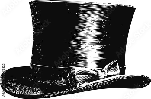 Top hat sketch hand drawn with bow tie and vintage engraving style — stock vector