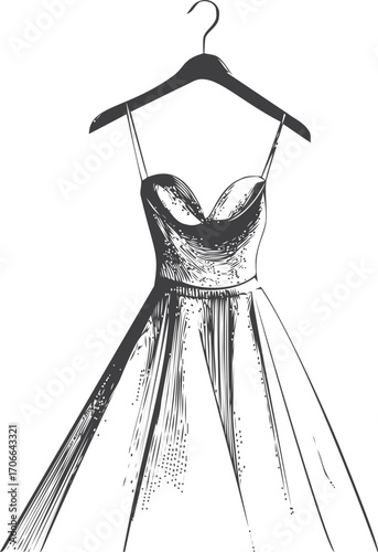 Dress sketch hand drawn on hanger, elegant evening gown with spaghetti straps — stock vector