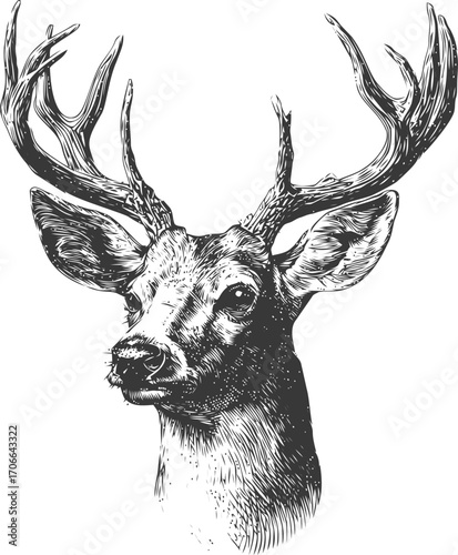 Deer head sketch hand drawn detailed antlers monochrome illustration — stock vector