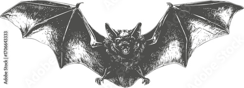 Bat sketch hand drawn flying with wings spread detailed monochrome illustration — stock vector