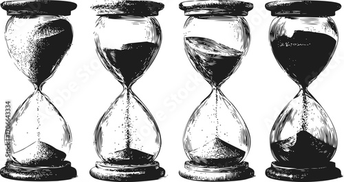 Hourglass sketch hand drawn set with sand in different positions — stock vector