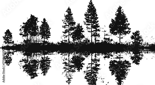 Tree silhouettes sketch hand drawn with water reflection landscape scene — stock vector