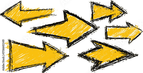 Yellow arrows sketch hand drawn, rough outlined, pointing in various directions — stock vector