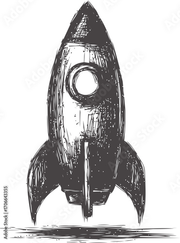 Rocket sketch hand drawn style with porthole and fins launching upward — stock vector
