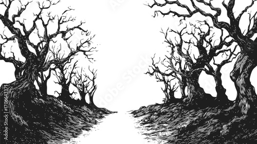 Spooky trees sketch, hand drawn barren forest path with twisted branches — stock vector