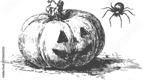 Jack o lantern sketch with carved face and spider, hand drawn Halloween scene — stock vector