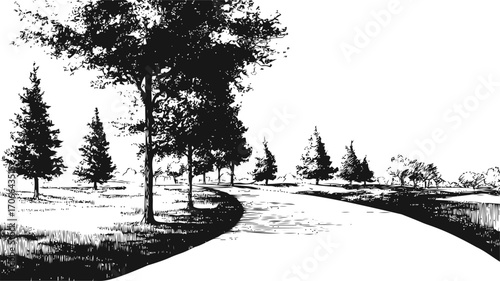 Park pathway with trees sketch, hand drawn landscape scene — stock vector