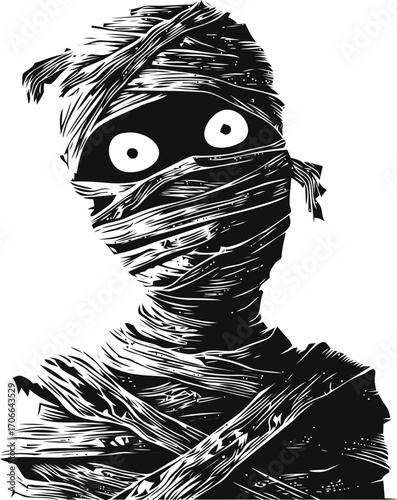 Mummy sketch hand drawn style with wide eyes and wrapped bandages — stock vector