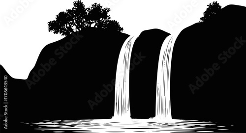 Waterfall sketch hand drawn silhouette with rocky cliffs and trees — stock vector