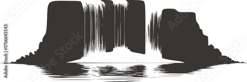 Waterfall silhouette sketch, hand drawn cliffs and flowing water reflection — stock vector