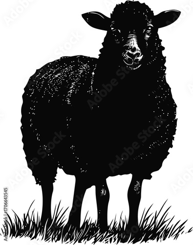 Black sheep sketch hand drawn standing on grass detailed wool texture — stock vector
