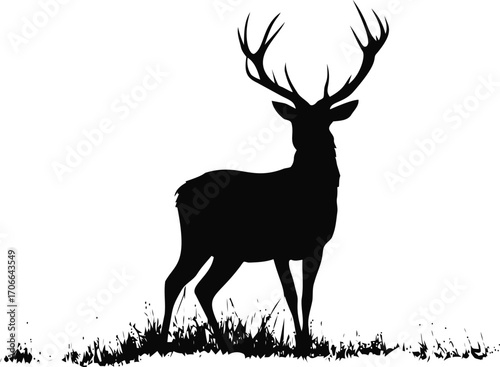Deer silhouette sketch, hand drawn style, standing on grass — stock vector
