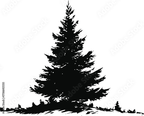 Pine tree silhouette sketch, hand drawn style with rough ground detail — stock vector