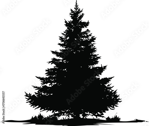 Pine tree silhouette sketch, hand drawn style, isolated on white background — stock vector