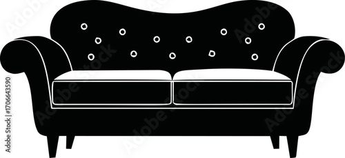 Sofa silhouette sketch, hand drawn vector, classic couch with button tufted backrest — stock vector