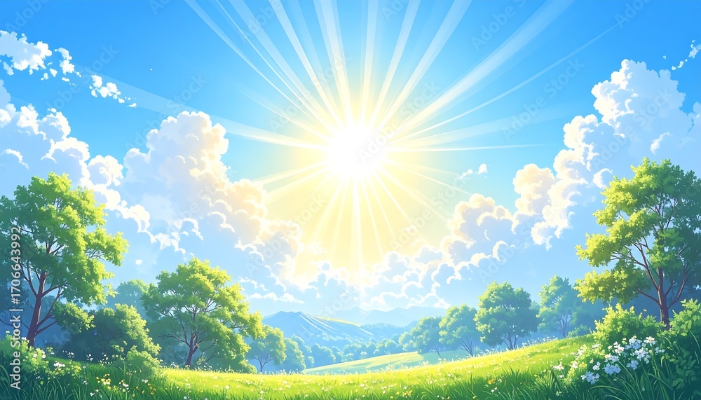 Fototapeta premium Sunny meadow landscape with radiant sun