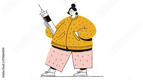 Playful vector illustration of woman with oversized syringe symbolizing weight loss treatment concept