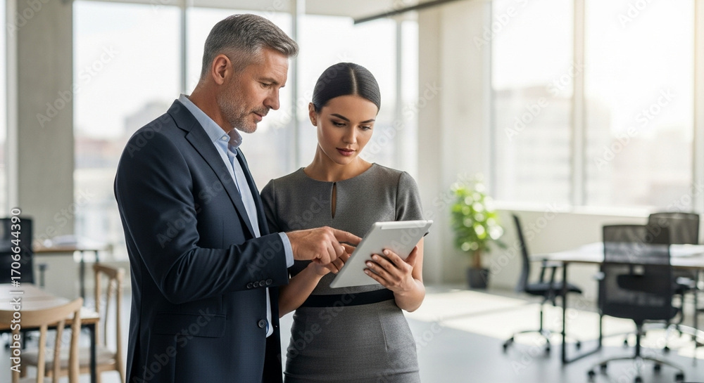 Obraz premium Team of mature senior leader man in suit and young employee woman discussing project on tablet standing in office. Two colleagues of professional business people looking at screen device. Vertical