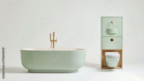A minimalist bathroom suite in sage green, featuring a freestanding bathtub with gold tapware and a built-in toilet and sink unit.  The backdrop is a plain white wall