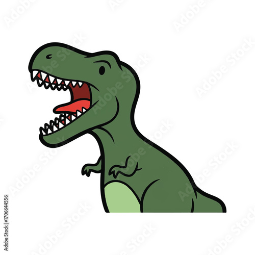 Vintage-style illustration of an enraged green T-Rex with an open mouth and sharp teeth on a clean white background.