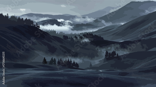 Dark, moody mountain valley with mist swirling around pine trees and winding stream mountains.