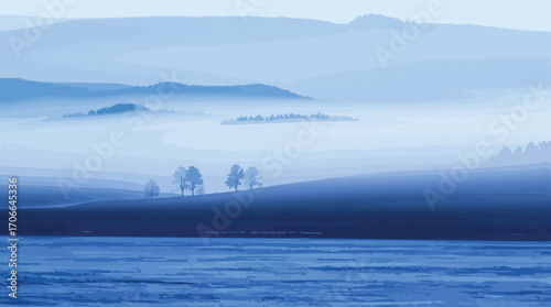 Blue misty landscape with rolling hills, water, and distant trees vector illustration.