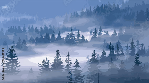 Ethereal blue forest landscape shrouded in dense, atmospheric mist and fog trees pine.