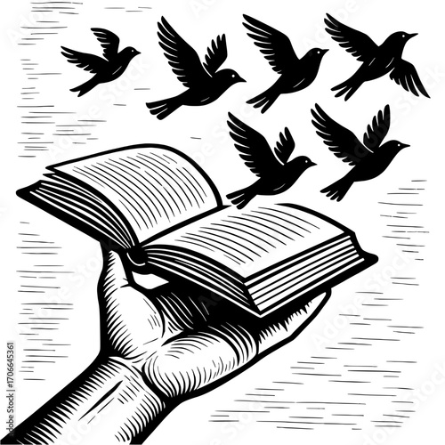 The hand holds an open book, from which black and white birds fly out