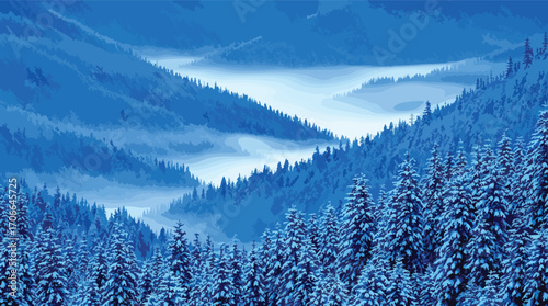 Snowy valley with mist and evergreen trees in deep blue tones vector illustration.